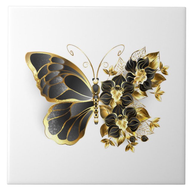 Carreau Papillon à fleurs d'or avec orchidée noire (Devant)