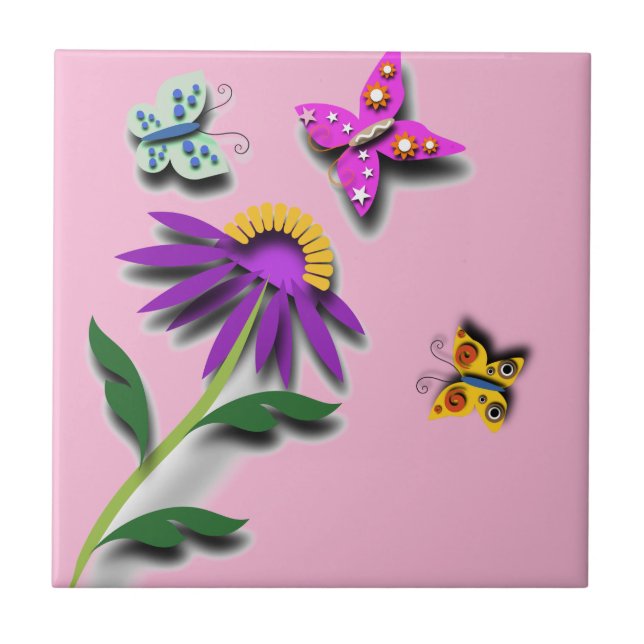 Carreau Papillon coloré et Fleur (Devant)
