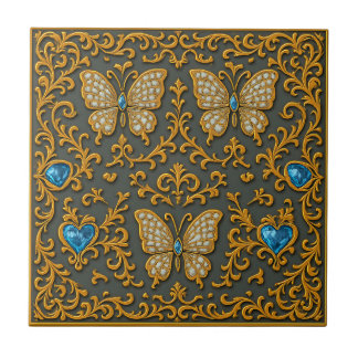 Carreau Papillon décoratif en or et bleu 