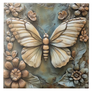 Carreau Papillon et fleurs Botanique Faux Relief