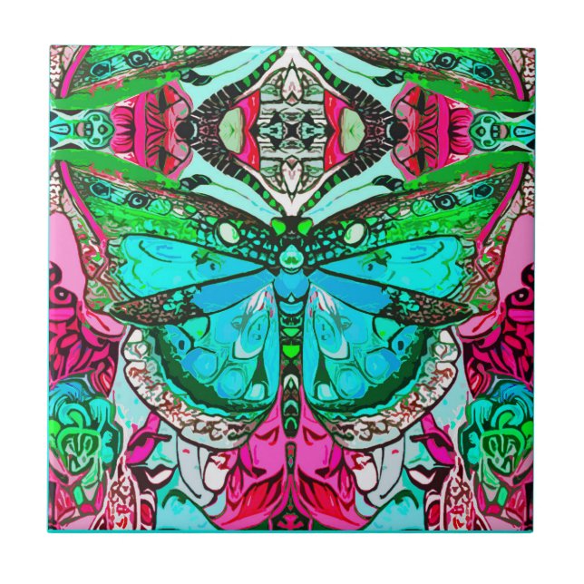 Carreau Papillon et Motif Batik de Médaillon en Turquoise (Devant)