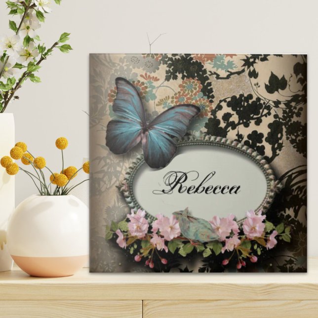 Carreau papillon français à fleurs victoriennes (Paris victorian floral french butterfly ceramic tile)