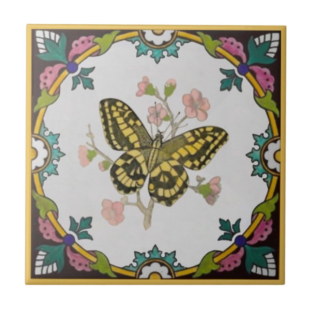 Carreau Papillon jaune de Repro, bordé de couleurs (Devant)