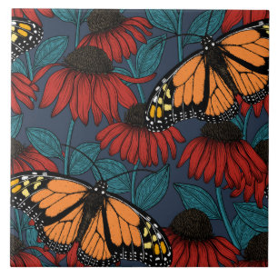 Carreau Papillon monarque sur des fleurs rouges