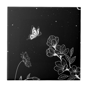 Carreau Papillon noir et blanc et fleurs à l'art nocturne