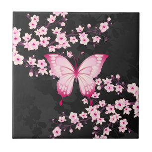 Carreau Papillon Noir Rose Et Fleurs De Cerisiers