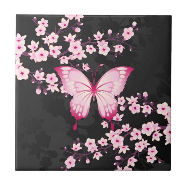 Carreau Papillon Noir Rose Et Fleurs De Cerisiers (Devant)