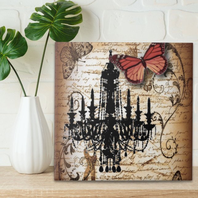 Carreau papillon steampunk paris chandelier vintage (steampunk goth butterfly paris vintage chandelier tile)