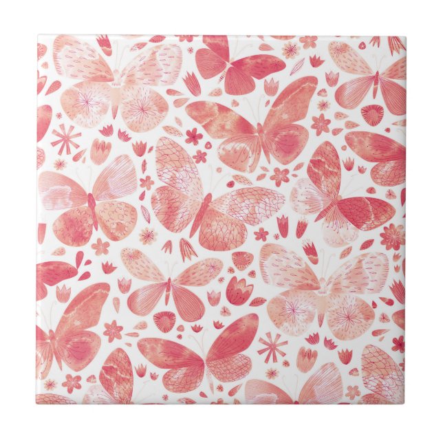 Carreau Papillons Aquarelle Corail rose (Devant)
