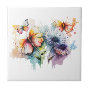 Carreau Papillons aux fleurs Aquarelle violet bleu jaune