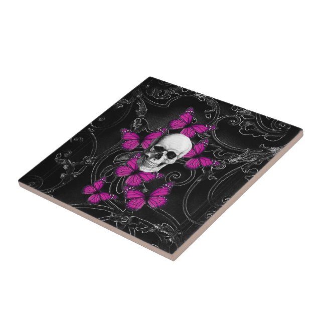 Carreau Papillons de crâne et de roses indien d'imaginaire (Côté)