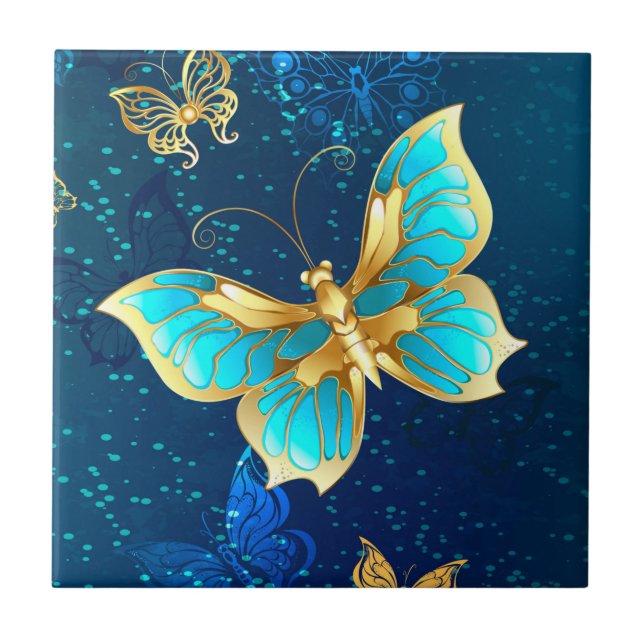 Carreau Papillons d'or sur un Arrière - plan bleu (Devant)