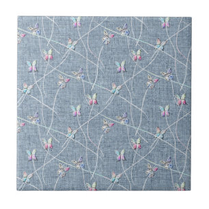 Carreau Papillons en relief aquarelle sur lin bleu denim