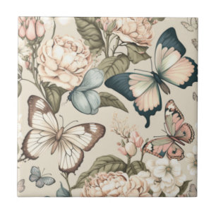 Carreau Papillons et fleurs pastel