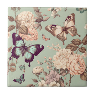 Carreau Papillons et fleurs vert pastel