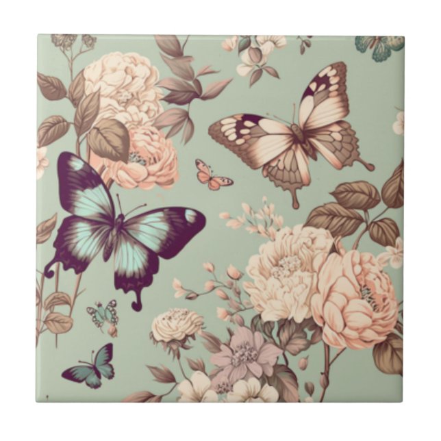 Carreau Papillons et fleurs vert pastel (Devant)