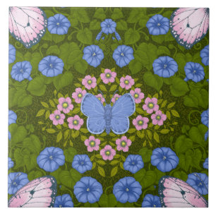 Carreau Papillons et symétrie des fleurs, bleu et rose