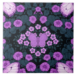 Carreau Papillons et symétrie des fleurs, violet et bleu