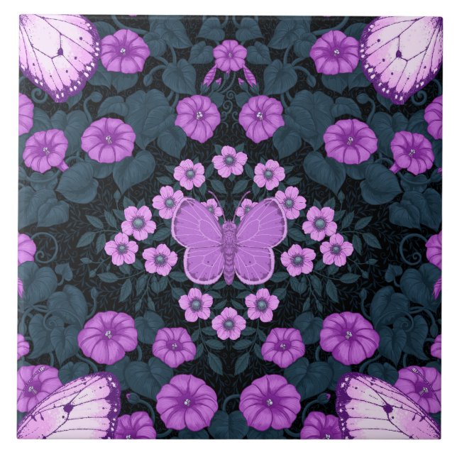 Carreau Papillons et symétrie des fleurs, violet et bleu (Devant)