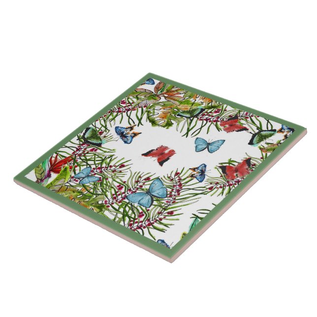 Carreau Papillons Plante tropicaux Berries Bleu rouge (Côté)