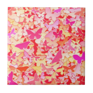 Carreau Papillons, rose, pêche, corail