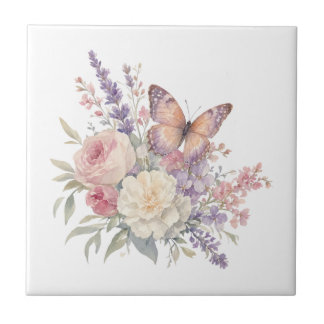 Carreau Papillons roses fleurs romantique