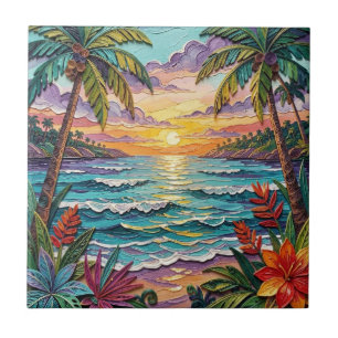 Carreau Paradis tropical   Scène de plage côtière Impasto