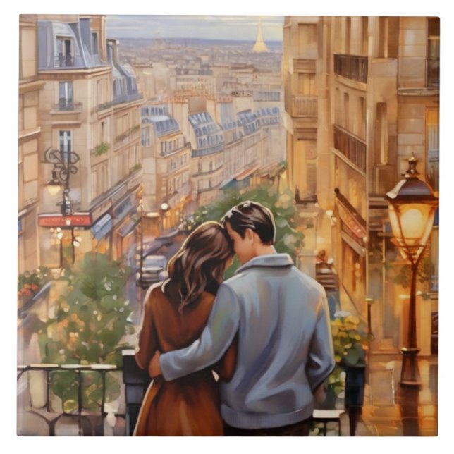 Carreau Paris Amour: Couple Romantique Vue sur la Ville Fr (Devant)
