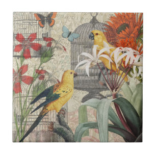 Carreau Parrot Jaune Tropical Antique Fleur