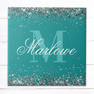 Carreau Parties scintillant argent élégant Turquoise Monog