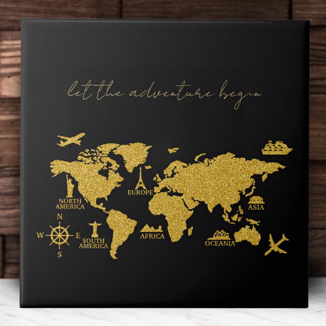 Carreau Parties scintillant d'or Carte du monde sur Black  (Créateur téléchargé)
