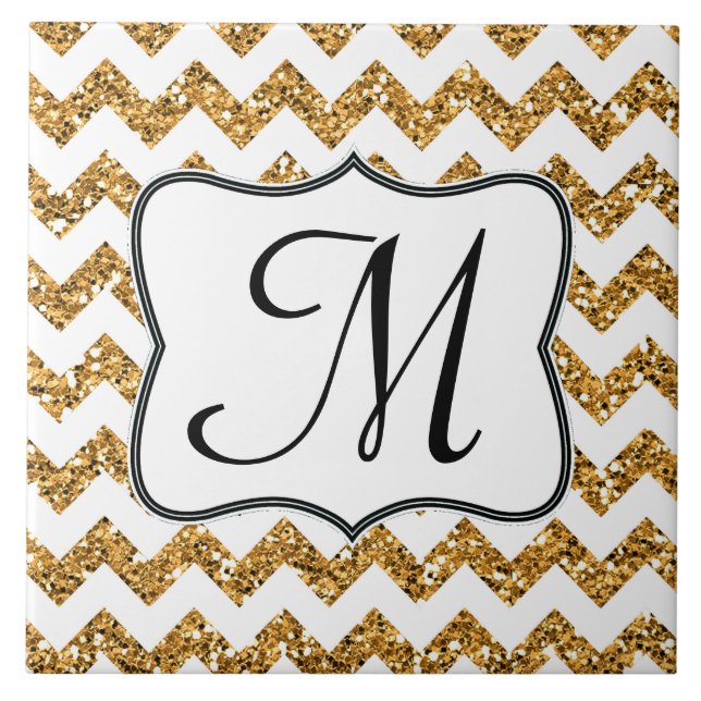 Carreau Parties scintillant d'or moderne Chevron Monogramm (Devant)