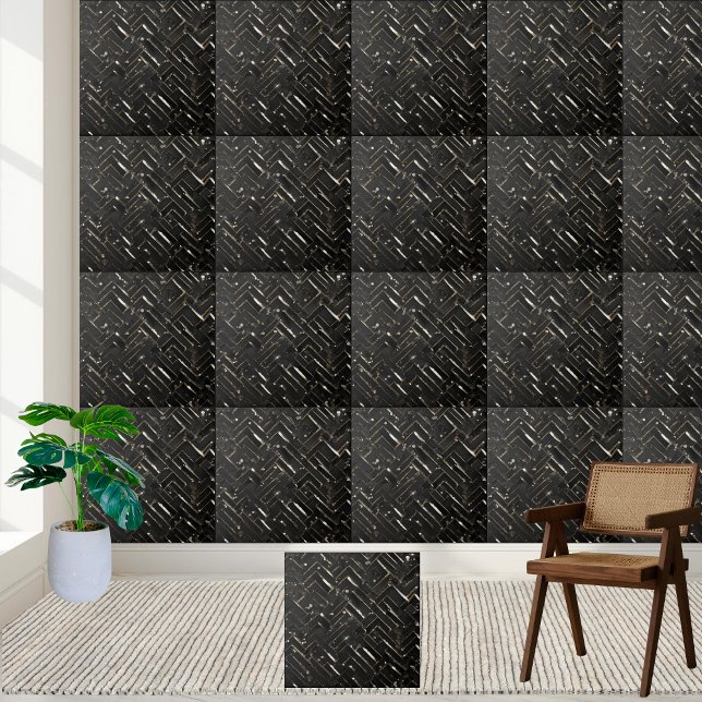 Carreau Parties scintillant Noire Sombre Luxe Contemporain (Luxury Dark Black Glitter Contemporary Glamorous Ceramic Tile)