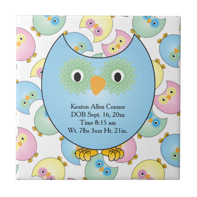 Carreau Pastel Baby Owl Nursery Thème en bleu (Devant)