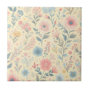 Carreau Pastel Floral rose & bleu sur jaune clair