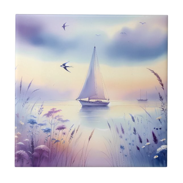 Carreau Pastel Sailboat Coastal Dreamscape (Devant)
