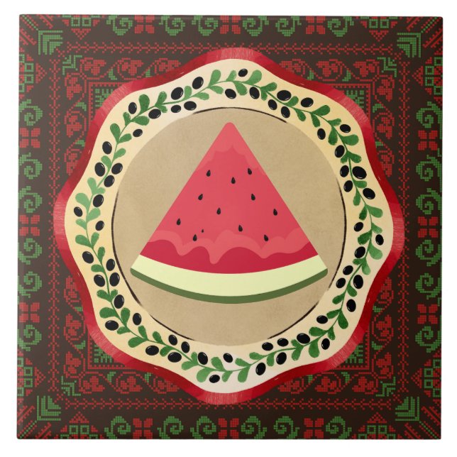 Carreau pastèque sur plaque d'olive avec tatreez palestini (Devant)