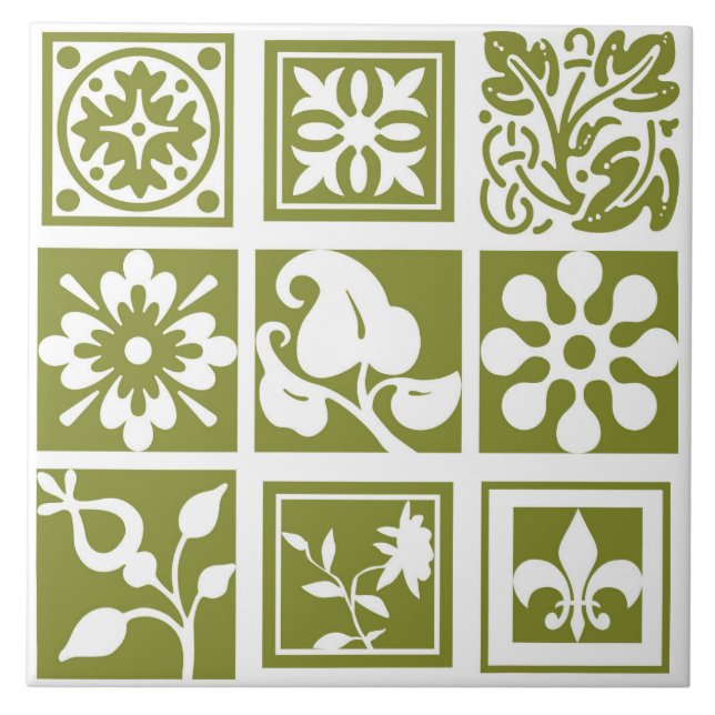 Carreau Patchwork floral, moderne, blanc, vert olive (Devant)