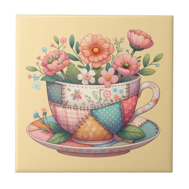 Carreau Patchwork Teacup with Whimsical Flowers (Devant)