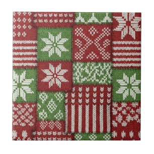 Carreau Patchwork tricoté classique de Noël - Rouge, Vert
