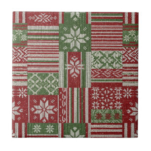 Carreau Patchwork tricoté classique de Noël - Rouge, Vert