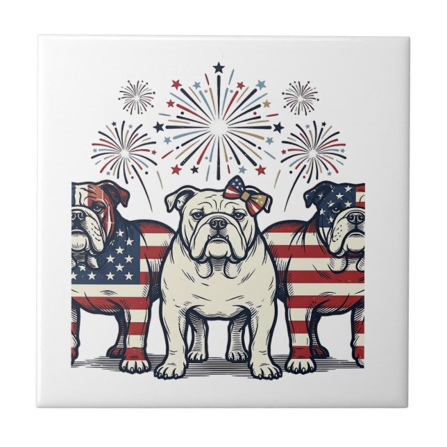Carreau Patriotic Bulldog Fireworks Vintage Engraving Desi (Devant)