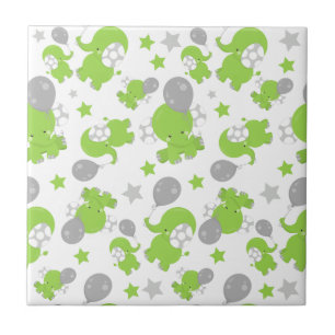 Carreau Pattern of Green Elephants, Cute Elephants, stars