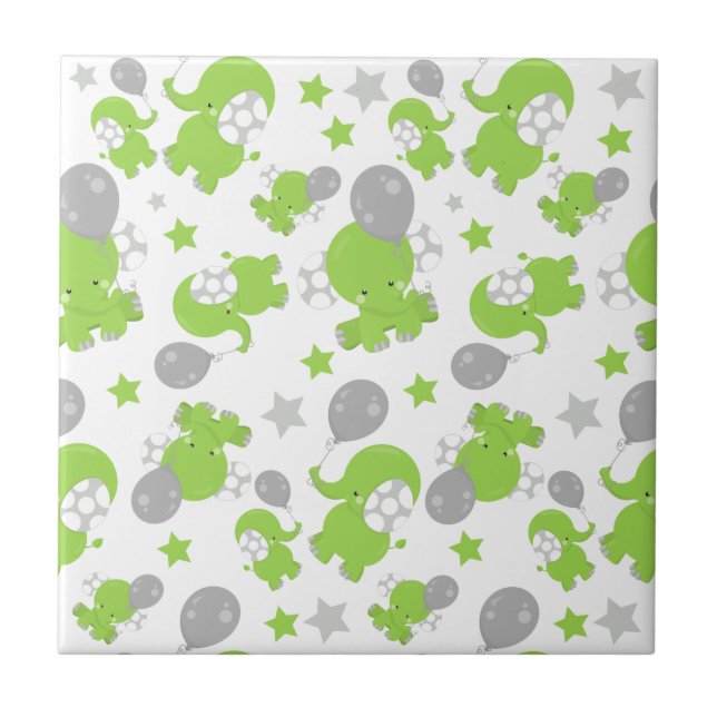 Carreau Pattern of Green Elephants, Cute Elephants, stars (Devant)