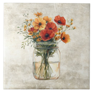 Carreau Pavots Floraux Rustiques dans un Vase Vintage 