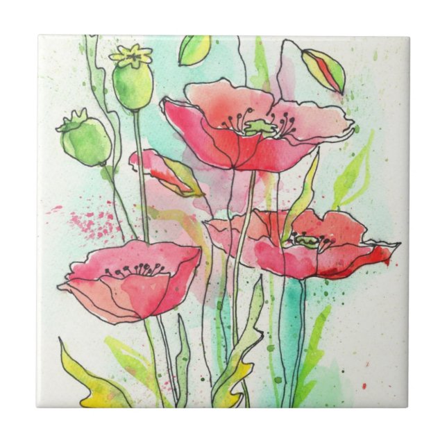 Carreau Pavots peints d'aquarelle (Devant)