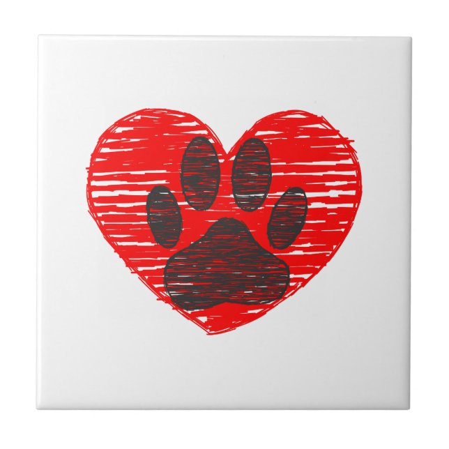 Carreau Paw Chien Croquis Dans Le Coeur Rouge (Devant)
