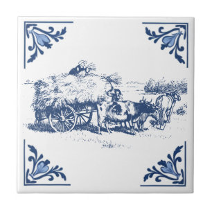 Carreau Pays vintage Chargement de foin Delft Bleu & Blanc