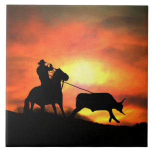 Carreau Pays Western Roping Cowboy Art Tile