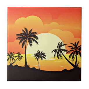 Carreau Paysage au coucher du soleil avec palmiers